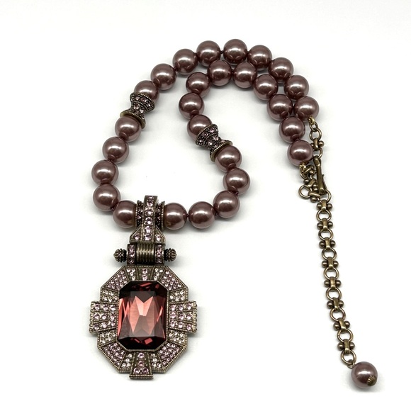💎 Heidi Daus Dazzling Art Deco Mauve Pearl Pendant Crystal Necklace 17-21” EUC 💎 - Picture 5 of 16
